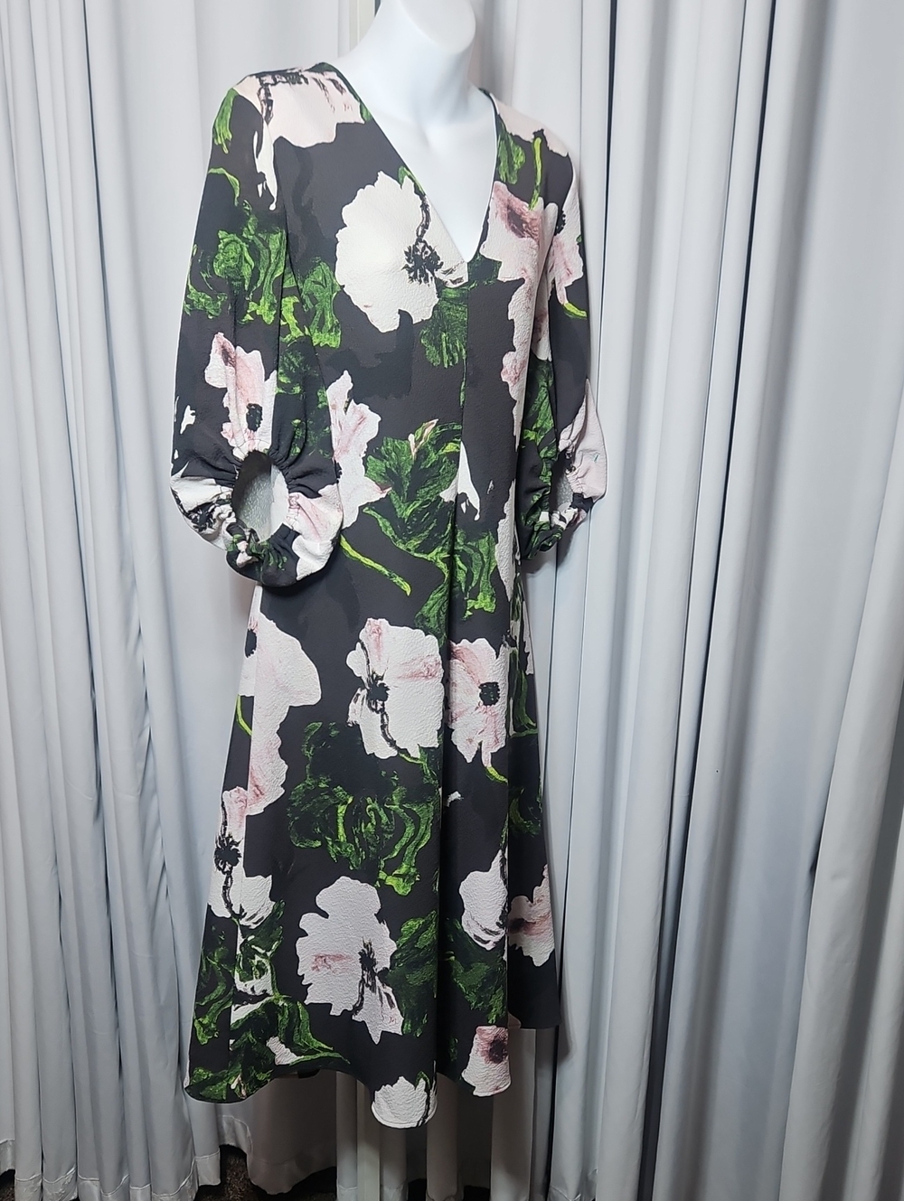 STINE GOYA 3/4 VOLUME SLEEVES MIDI DRESS - UMBER WINDFLOWER